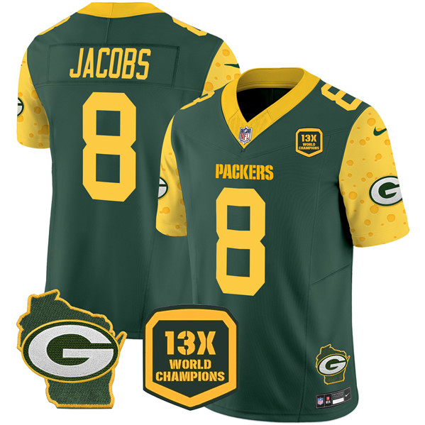 Men's Green Bay Packers #8 Josh Jacobs Cheese Green 2024 F.U.S.E. 13 Time World Champions And Home Patch Vapor Untouchable Limited Stitched Football Jersey